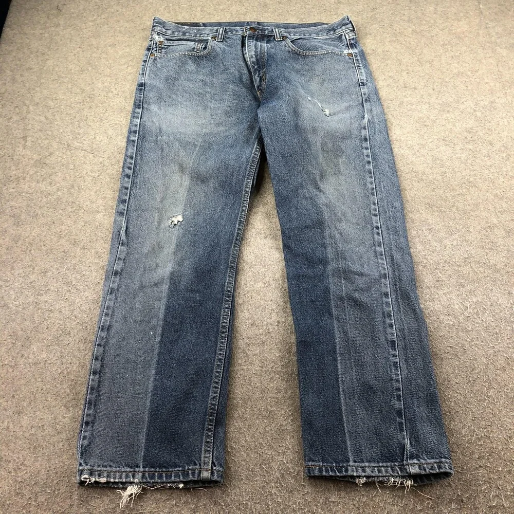 Levis 505 Jeans Mens 36x29 Blue Medium Wash Regular Straight Distressed Denim